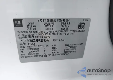 2015 Chevrolet Tahoe Lt из США, поврежденный, VIN 1GNSCBKC3FR229349